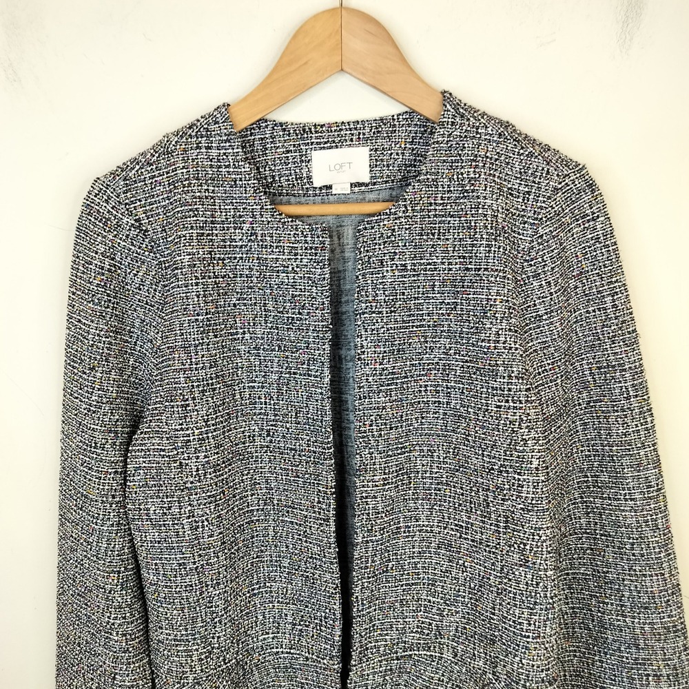 LOFT Tweed Peplum Jacket Womens Medium Open Front Confetti Metallic Knit Office - Picture 2 of 11